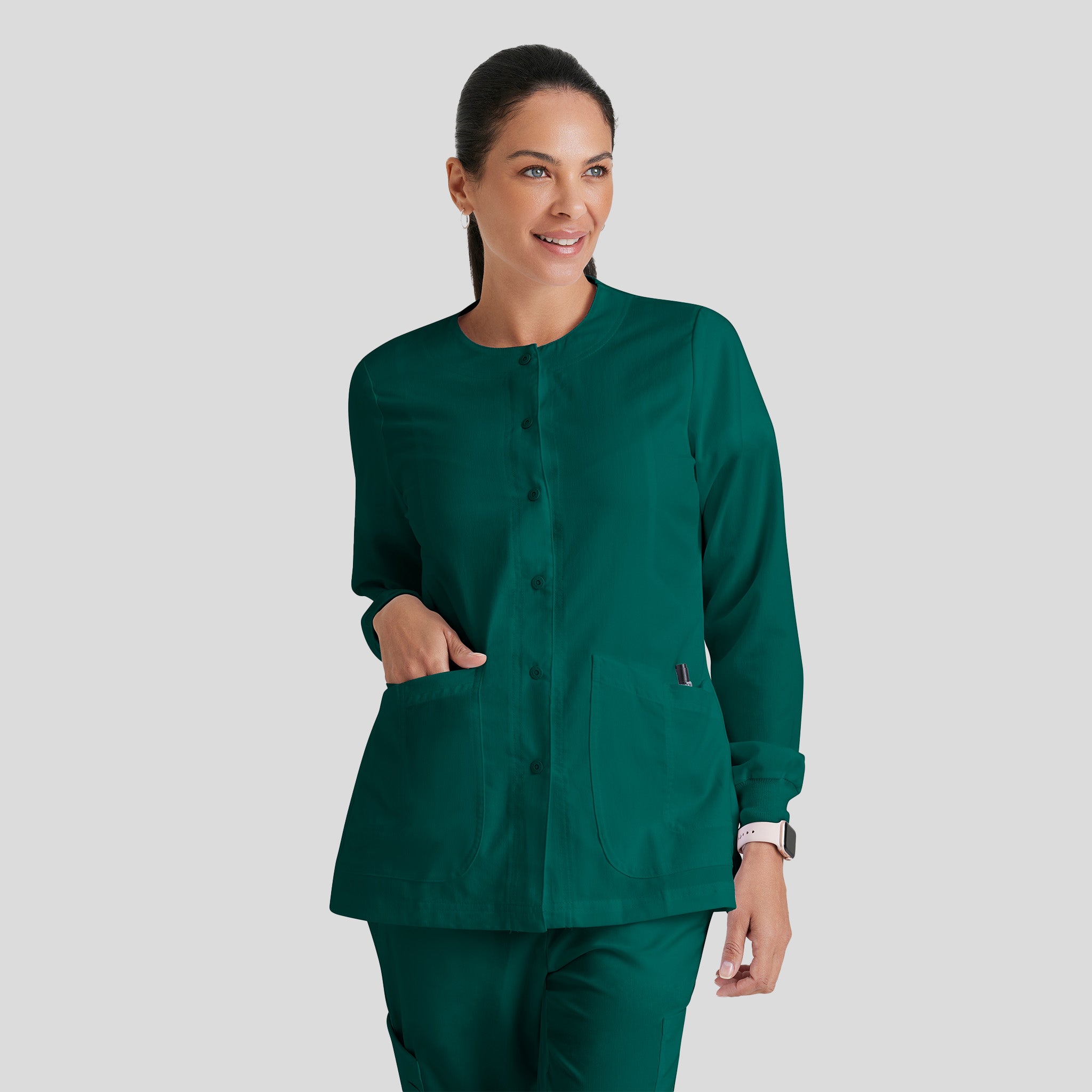 Jamie 4-Pocket Crewneck Snap-Front Scrub Jacket | Hunter