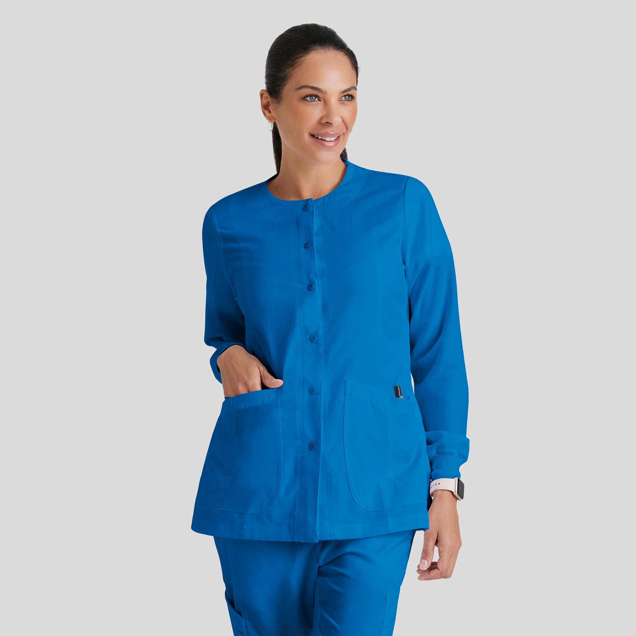 Jamie 4-Pocket Crewneck Snap-Front Scrub Jacket | Royal