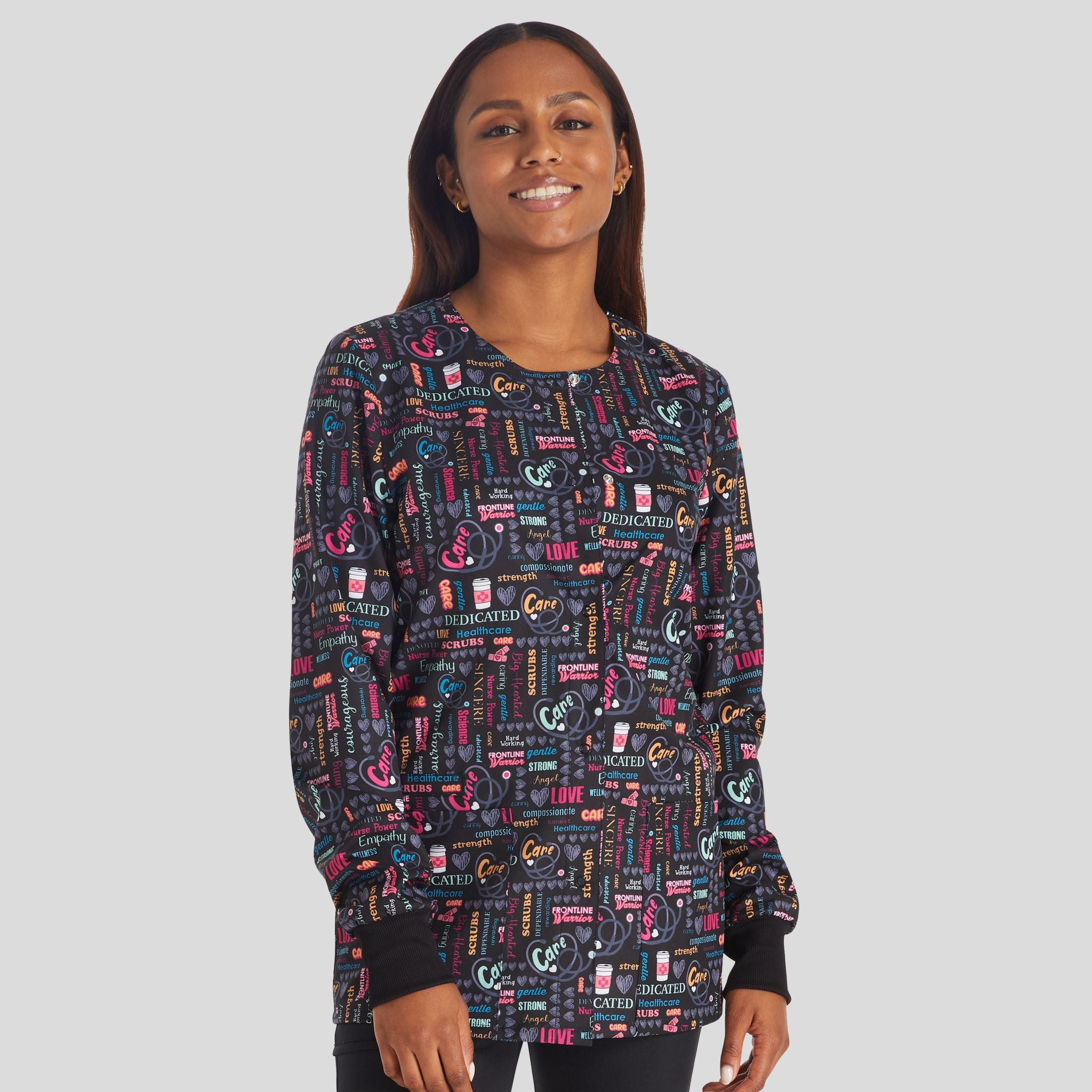 Women's Snap Front Nurse Power Print Scrub Jacket