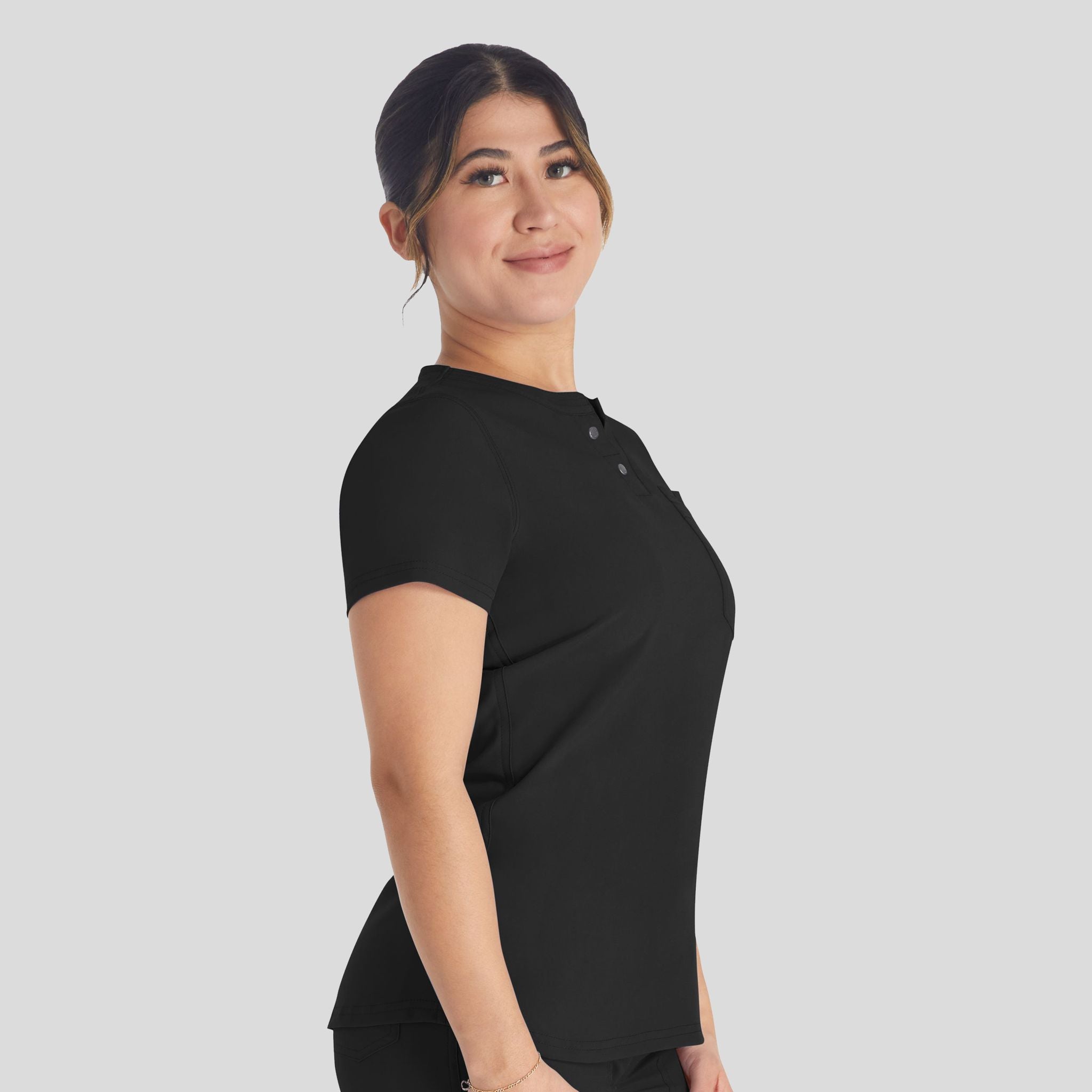 Women's Round Neck Henley Scrub Top | Black