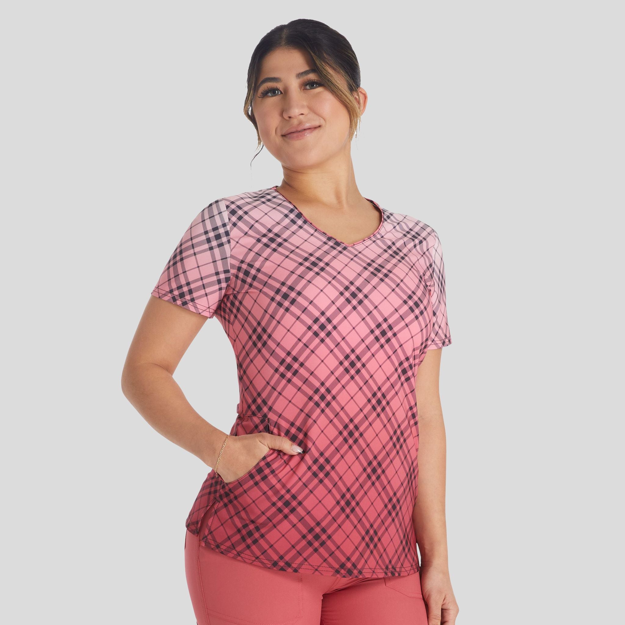 Plaid Dip Dye Print Scrub Top