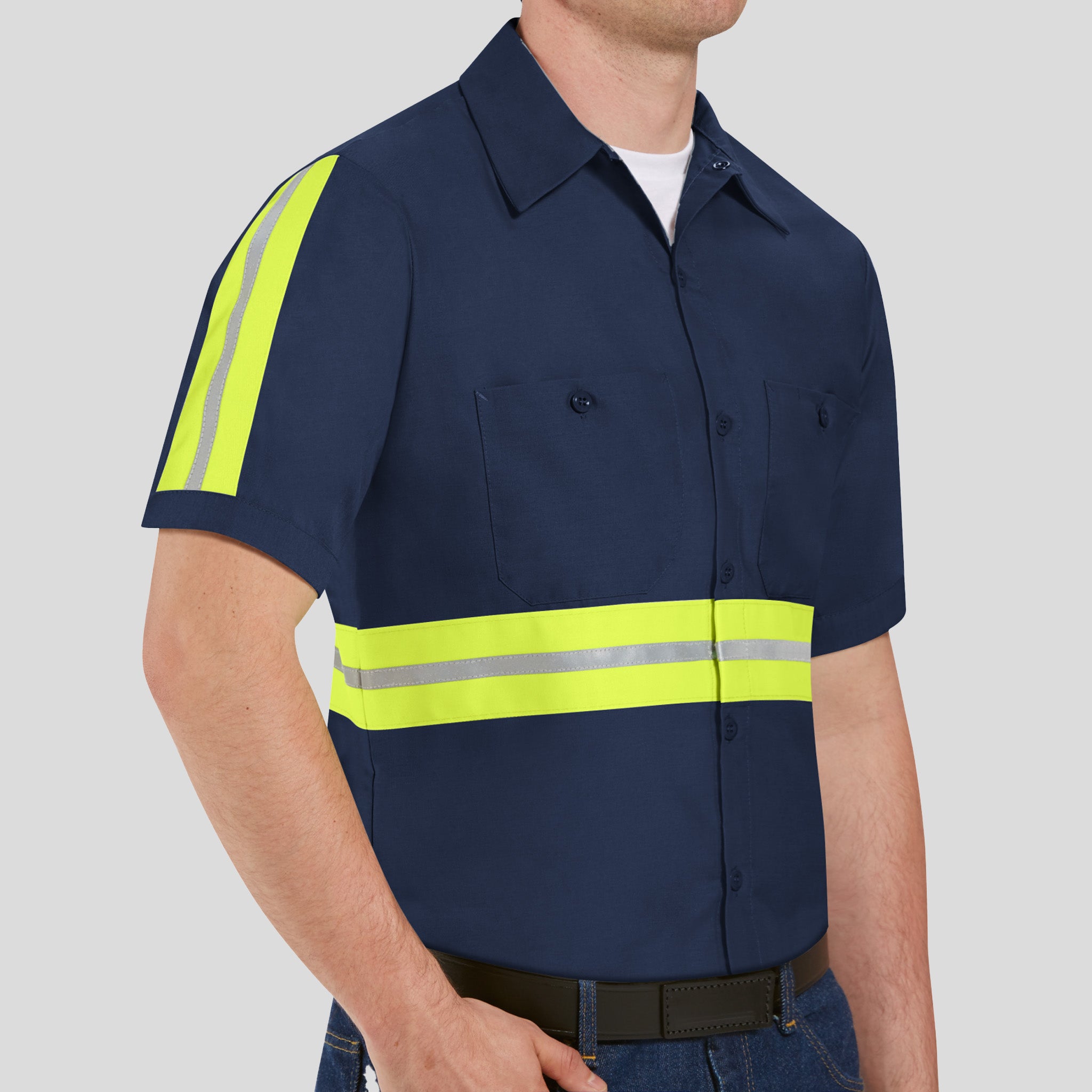 Men's Short Sleeve Enhanced Visibility Industrial Work Shirt | Navy w/ Yellow Visibility Trim
