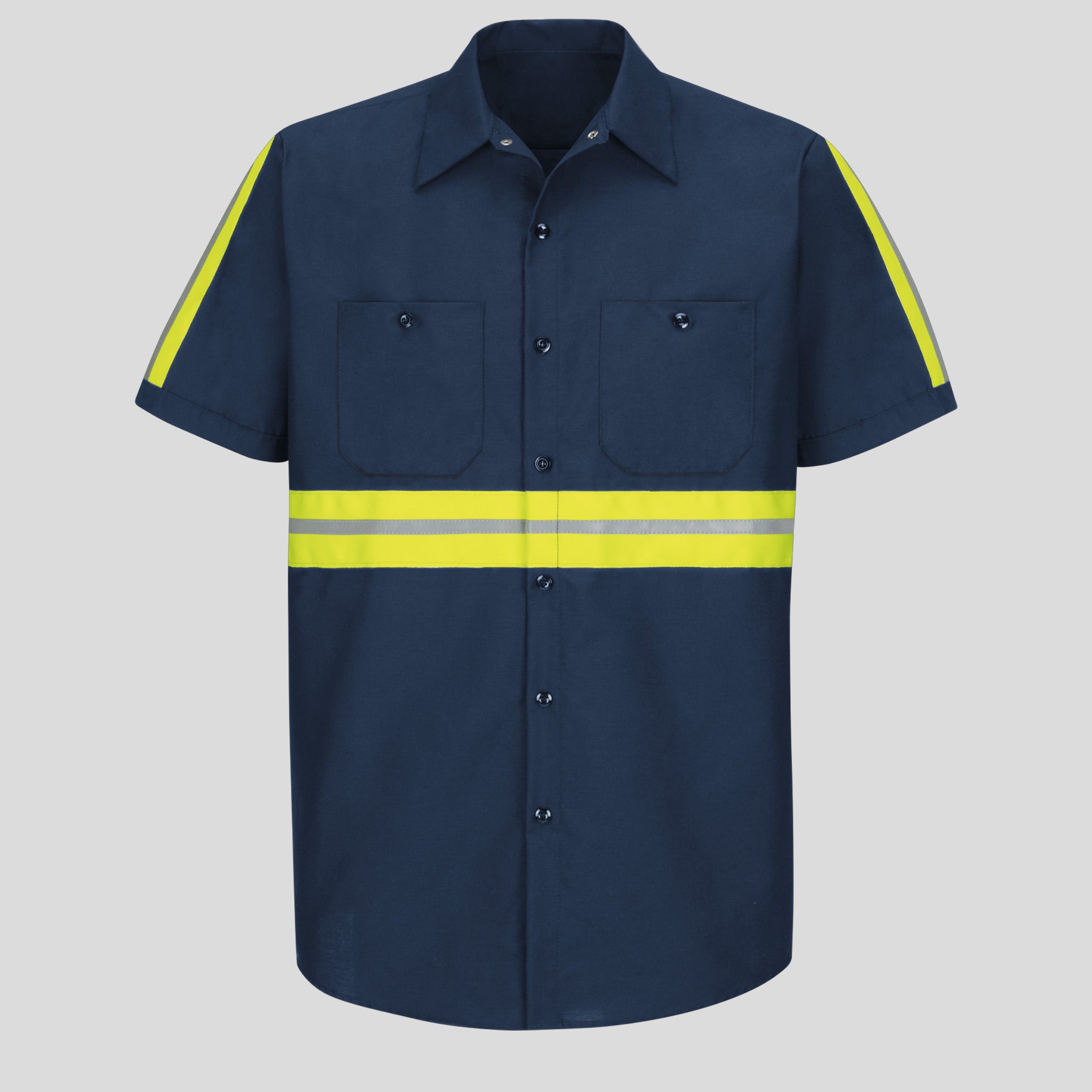 Men's Short Sleeve Enhanced Visibility Industrial Work Shirt | Navy w/ Yellow Visibility Trim