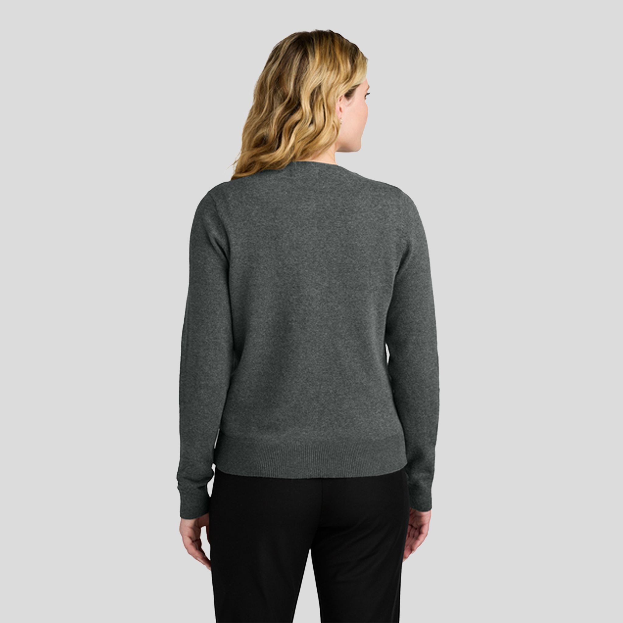 Womenβs Easy Care Crewneck Cardigan Sweater | Charcoal Heather