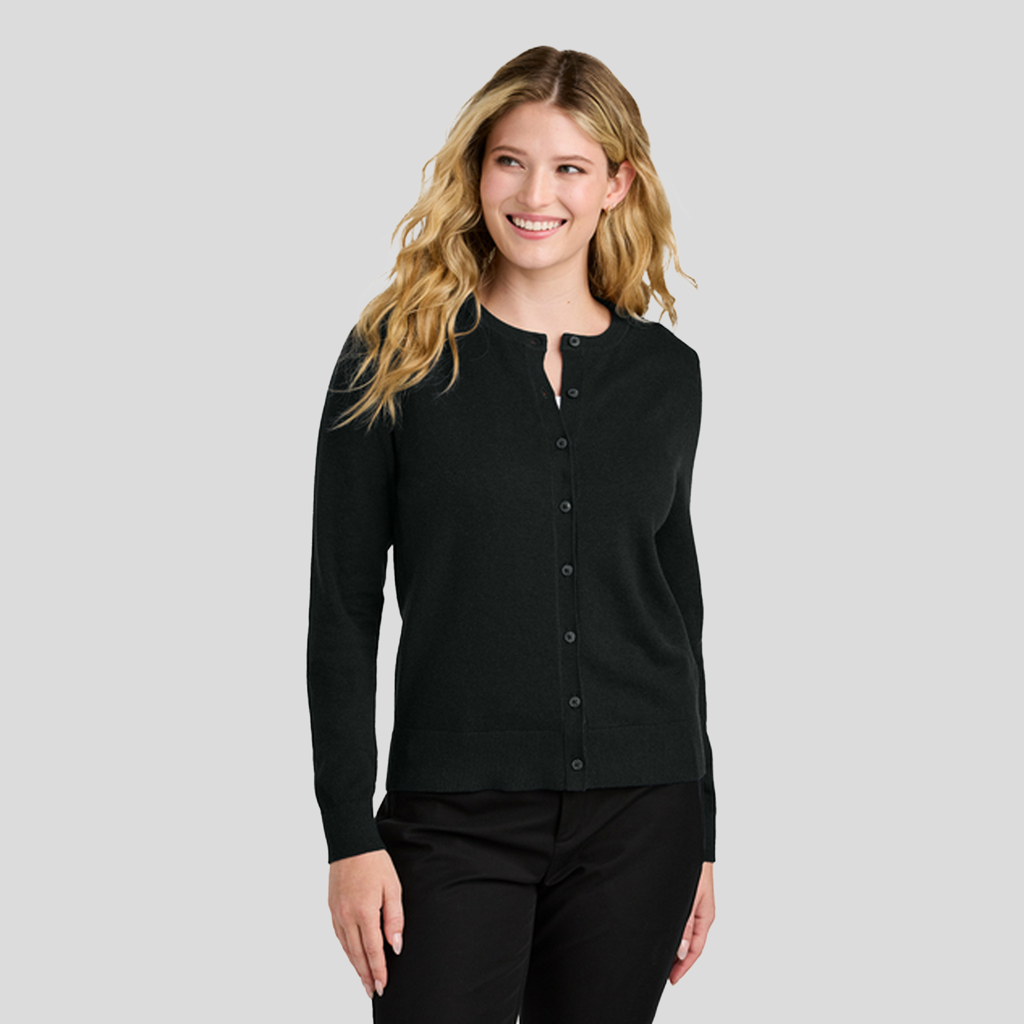Womenβs Easy Care Crewneck Cardigan Sweater | Deep Black