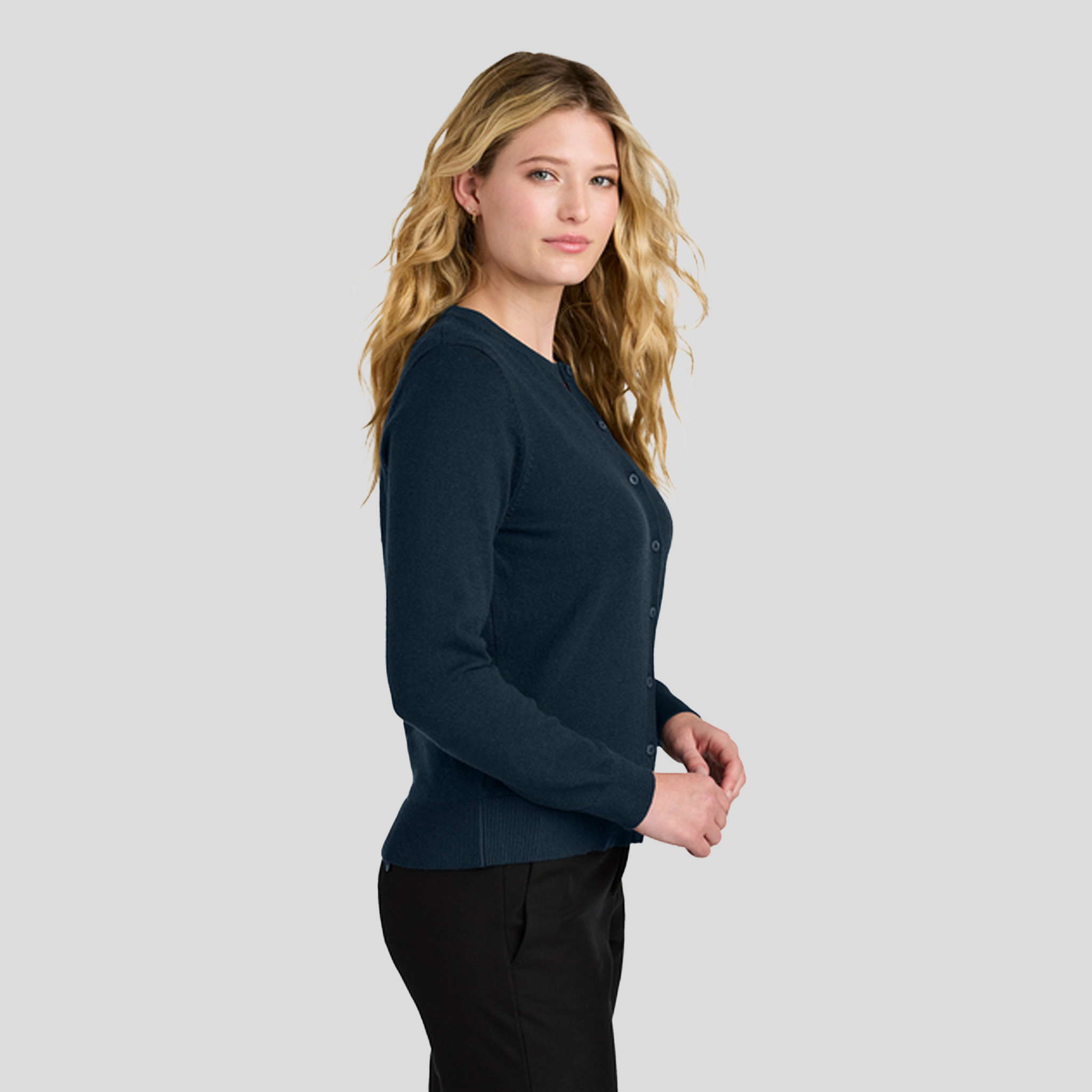 Womenβs Easy Care Crewneck Cardigan Sweater | River Blue Navy