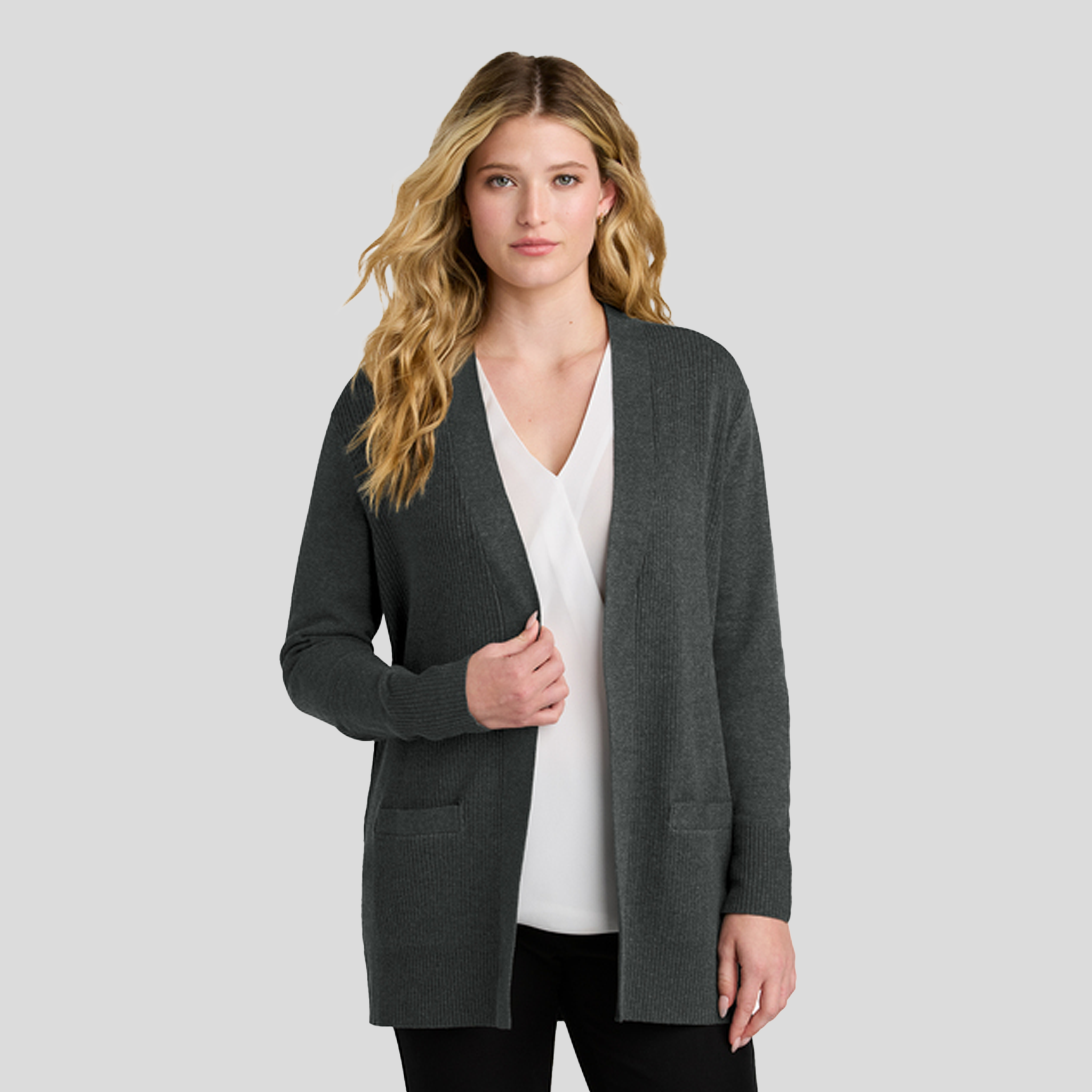 Womenβs Easy Care Open-Front Cardigan Sweater | Charcoal Heather