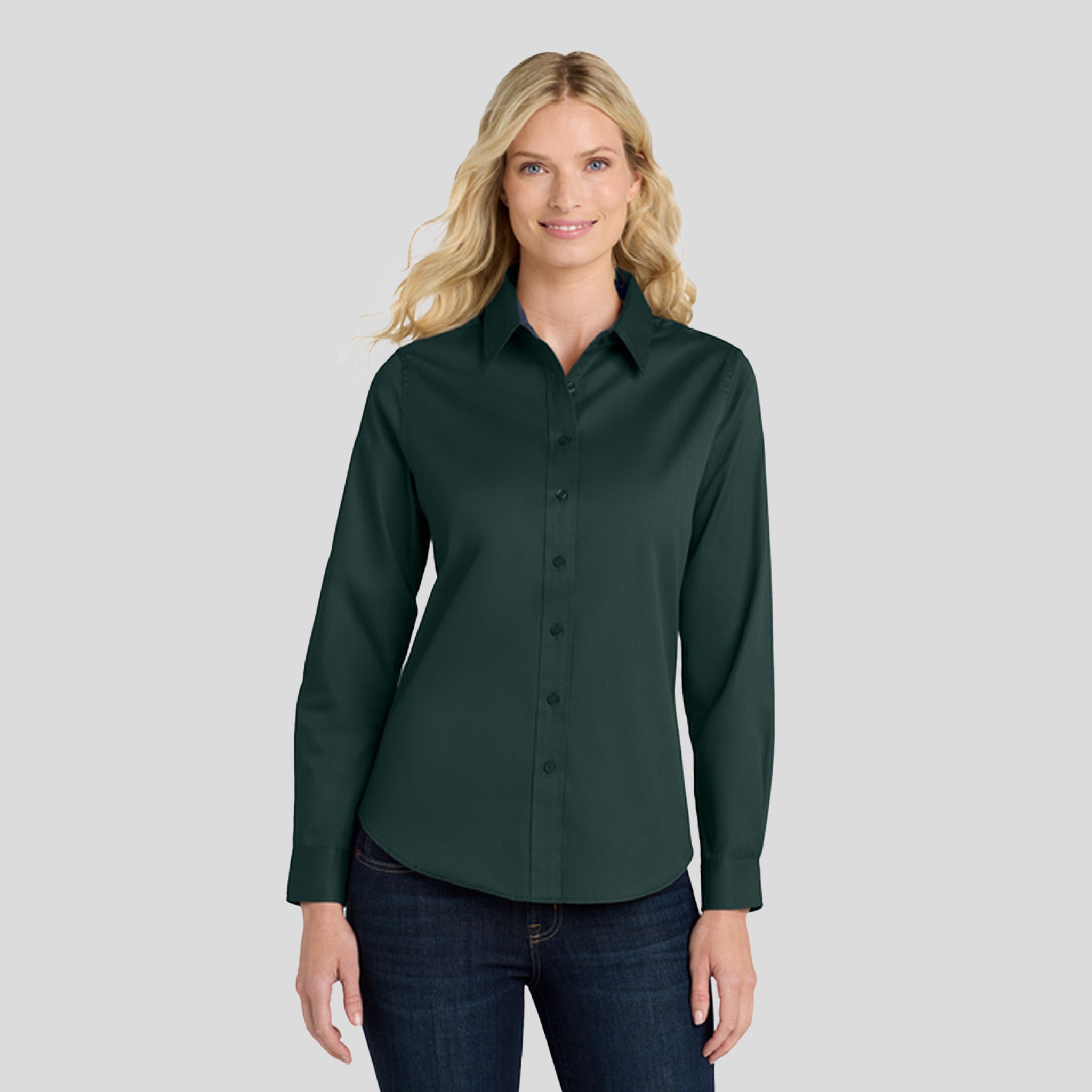 Women's Long Sleeve Easy Care Shirt | Dark Green/Navy