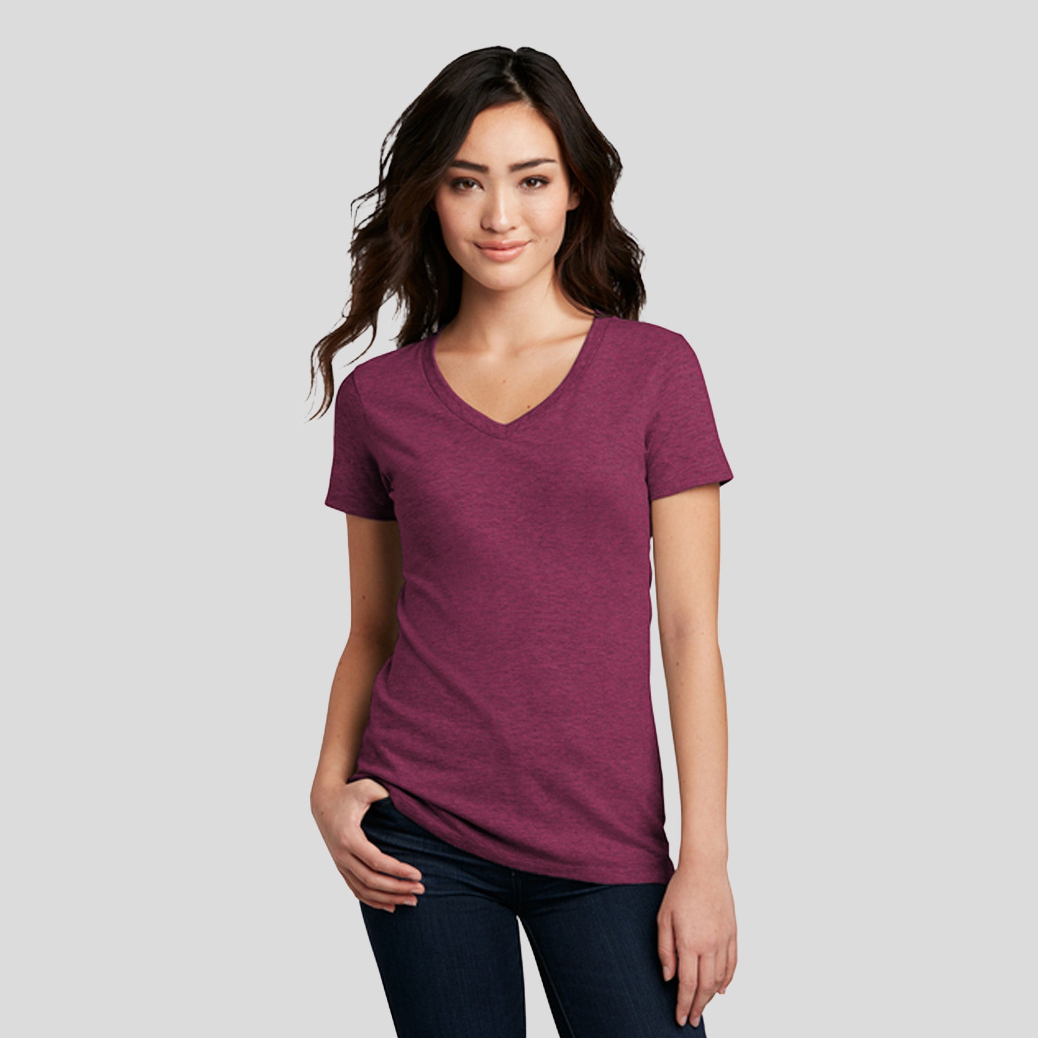 Womenโs Perfect Blendยฎ CVC V-Neck Tee | Raspberry Fleck