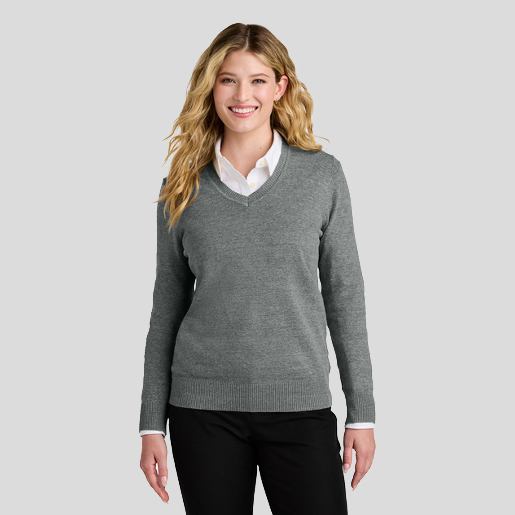 Womenβs Easy Care V-Neck Sweater | Medium Heather Grey