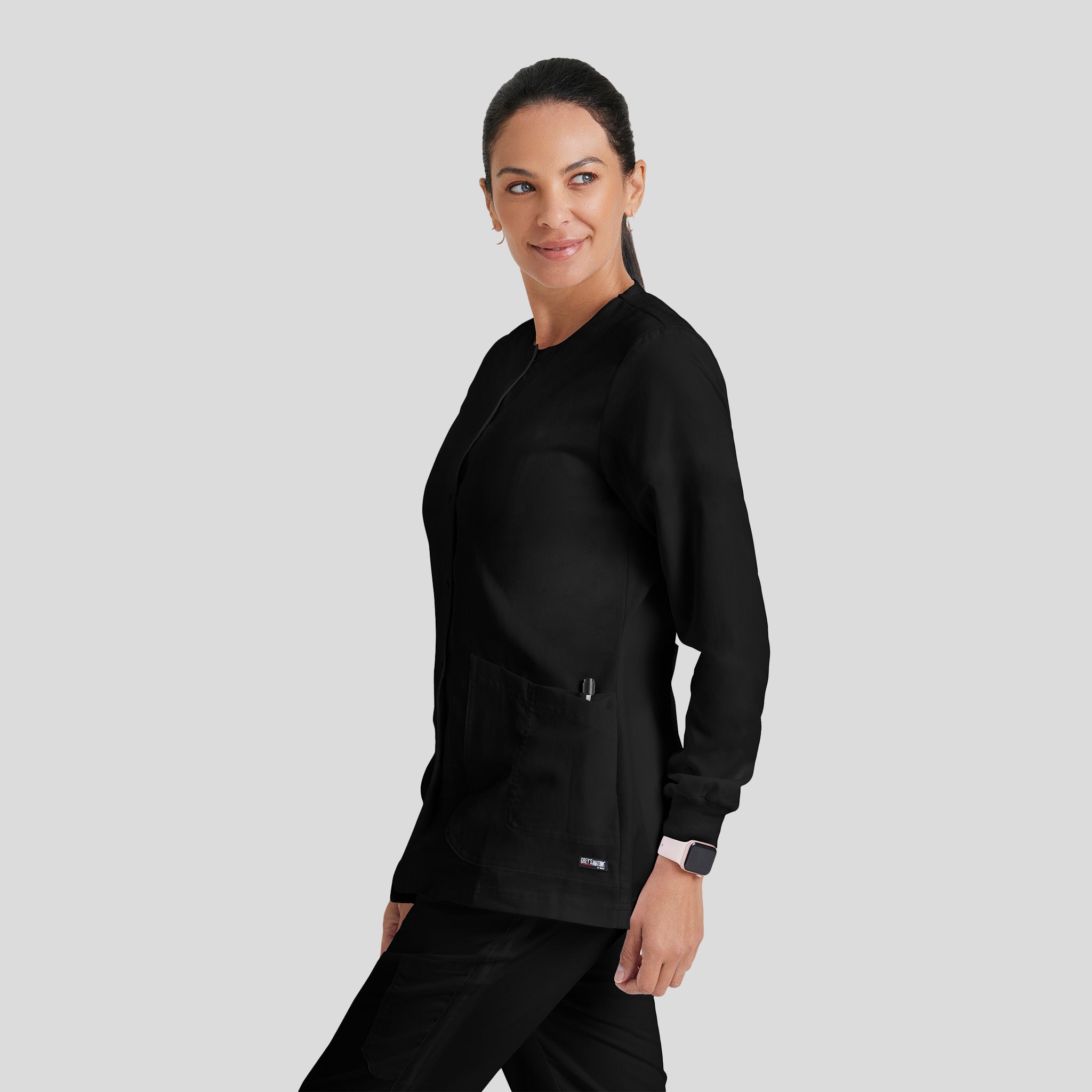Jamie 4-Pocket Crewneck Snap-Front Scrub Jacket | Black