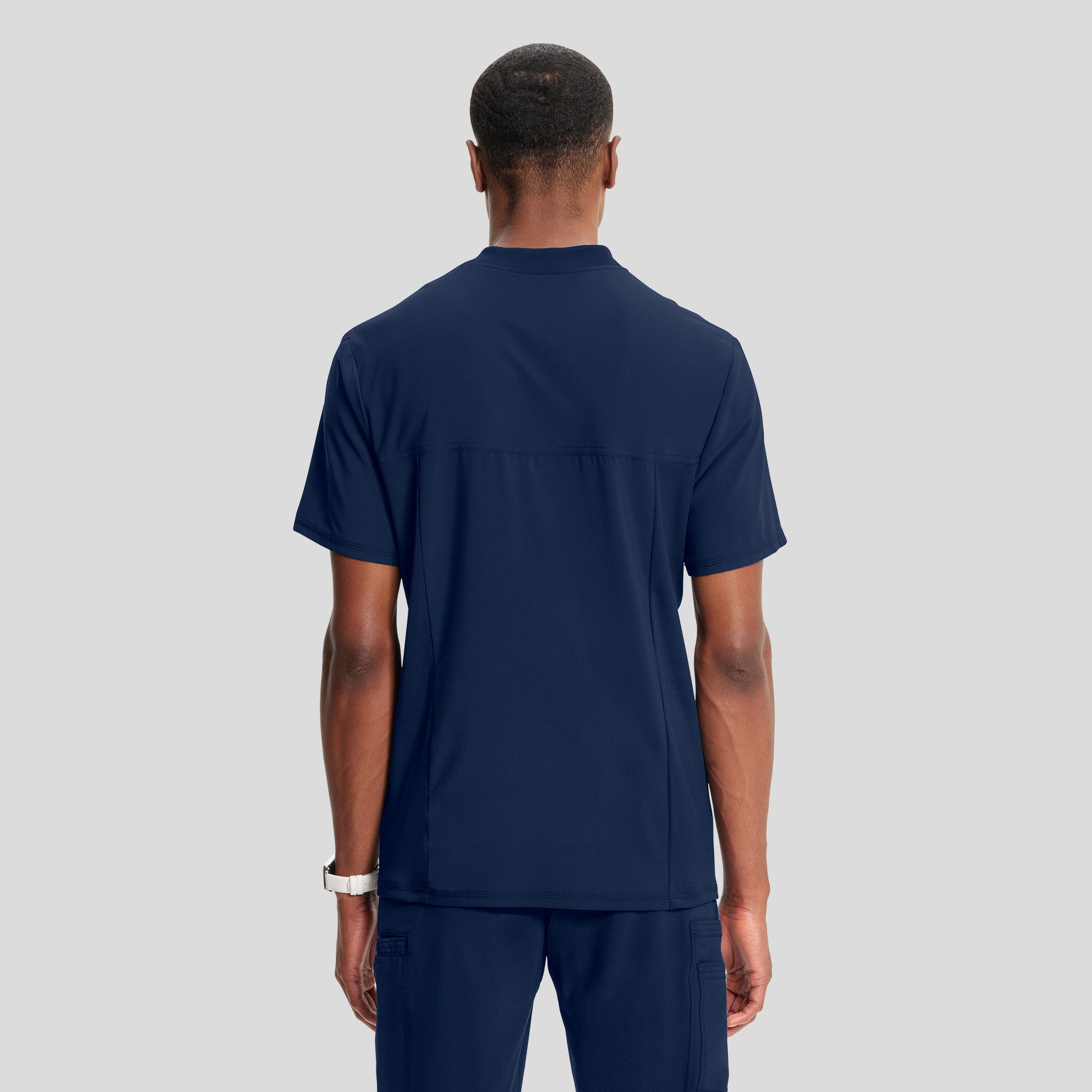 Men's V-Neck Knit Panel Solid Scrub Top | Navy