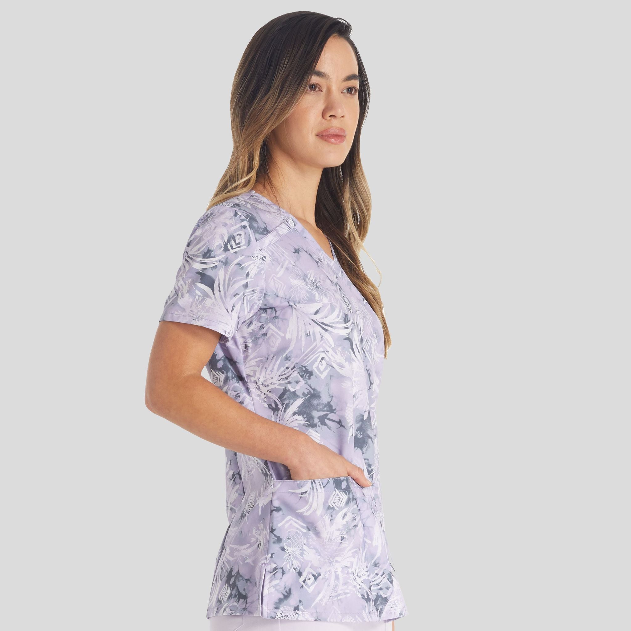 Tropic Distress Print Scrub Top