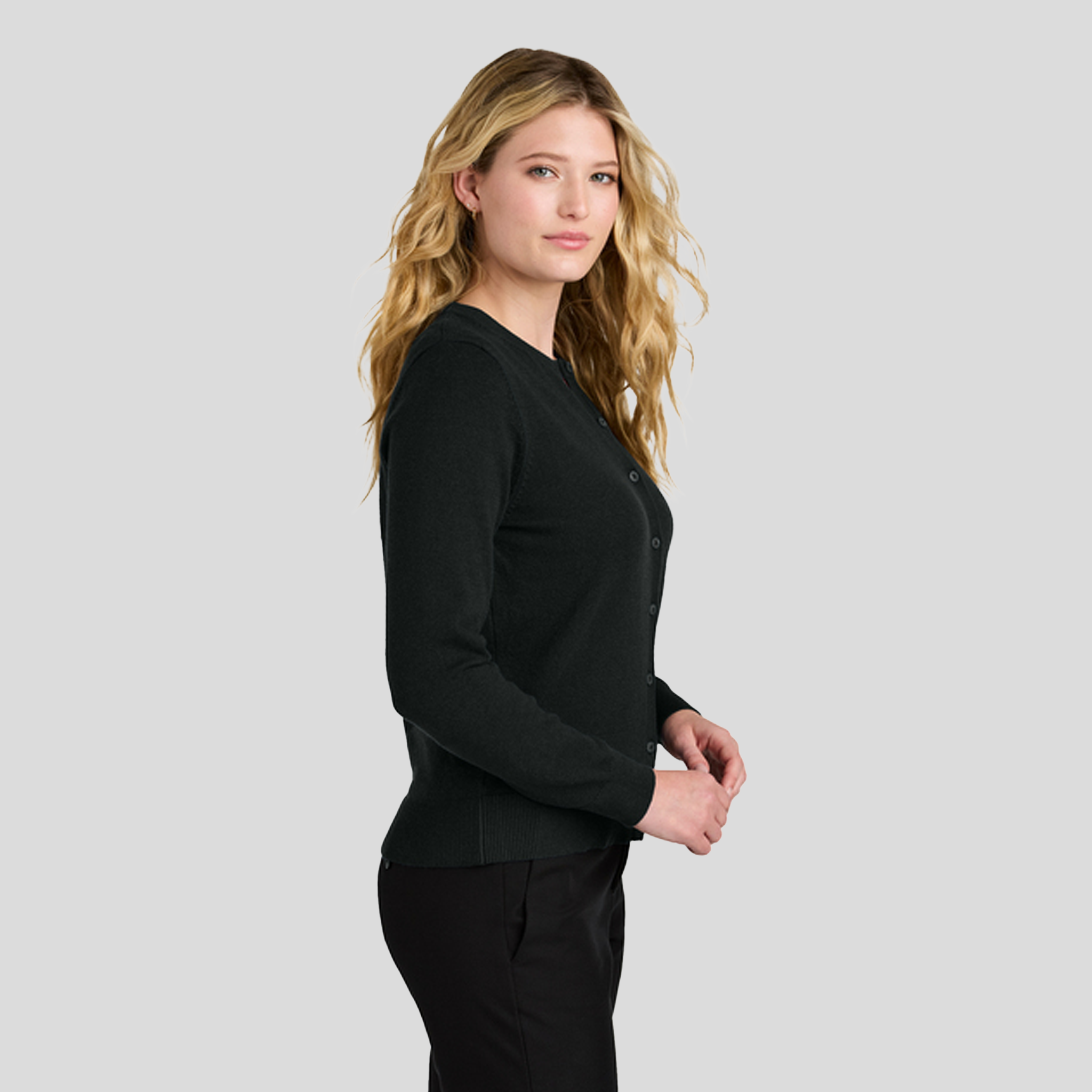 Women’s Easy Care Crewneck Cardigan Sweater | Deep Black