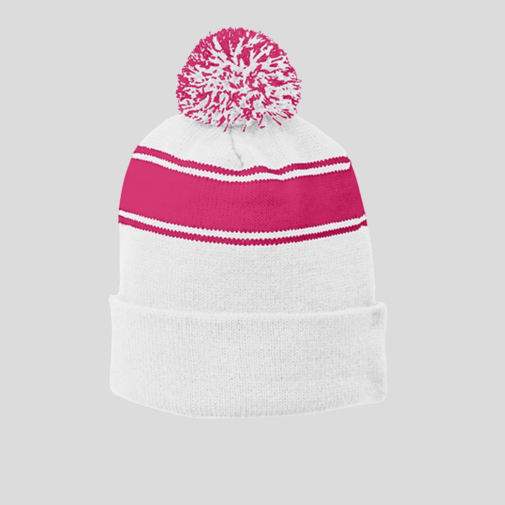 Stripe Pom Pom Beanie | White/Pink Raspberry