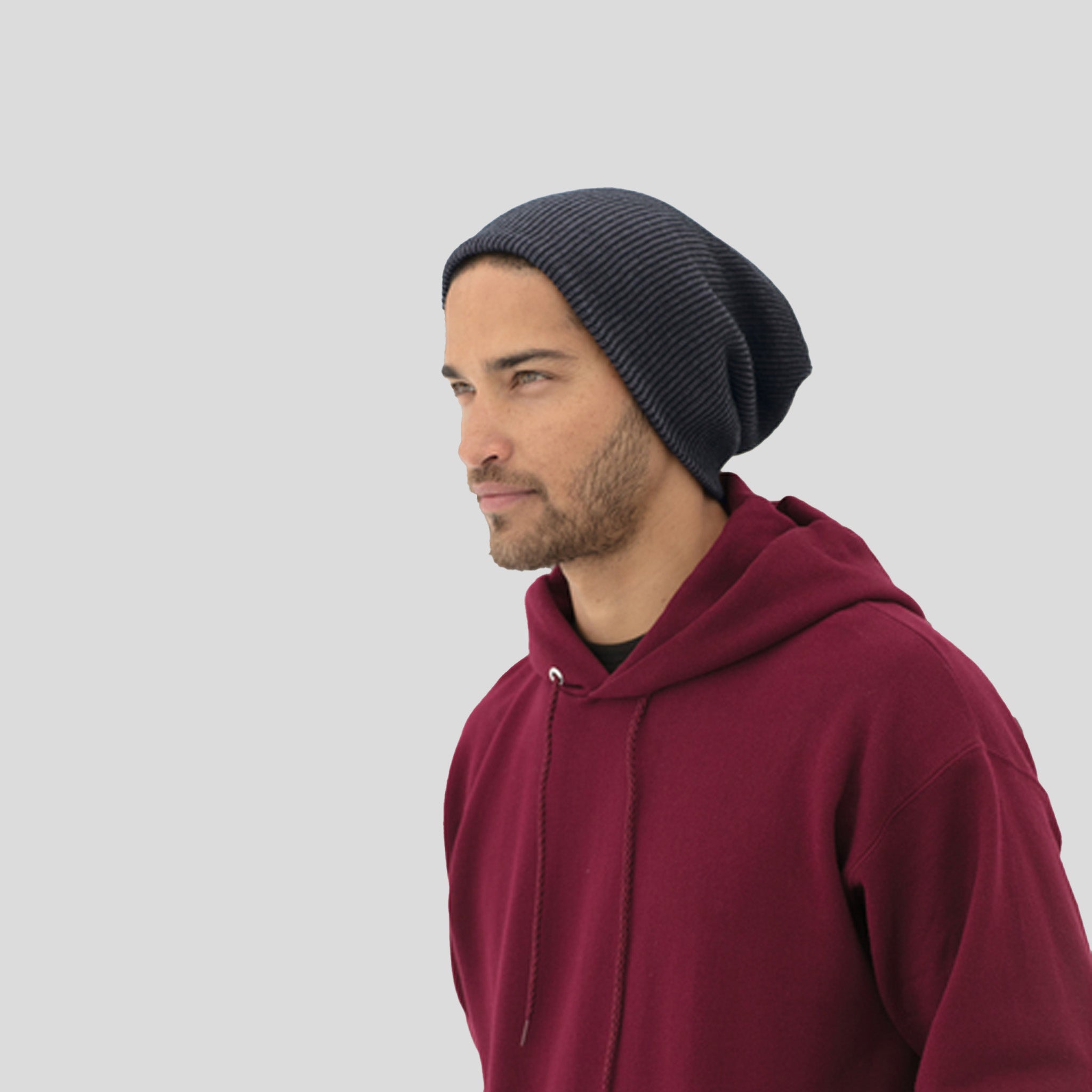 Rib Knit Slouch Beanie | Black/Iron Grey
